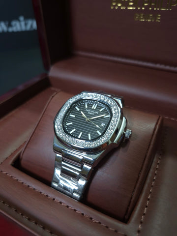 PP Nautilus- Stainless Steel Stone Bezel black dial