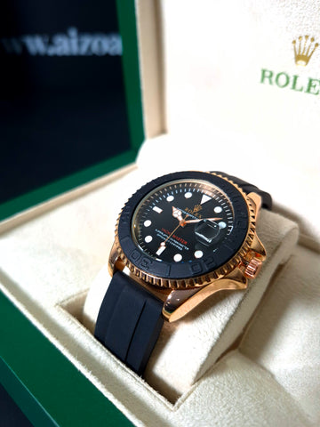 RLX Yacht Master – Rose Gold & Black Rubber Strap