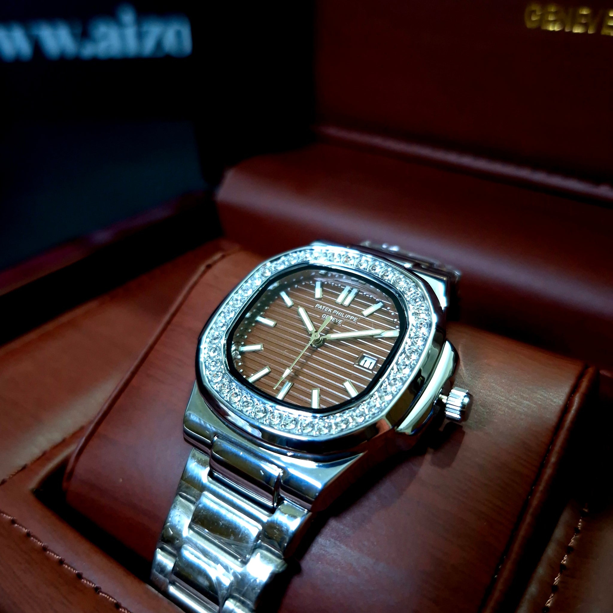 PP Nautilus- Stainless Steel Stone Bezel Brown dial