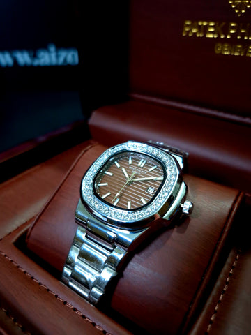 PP Nautilus- Stainless Steel Stone Bezel Brown dial