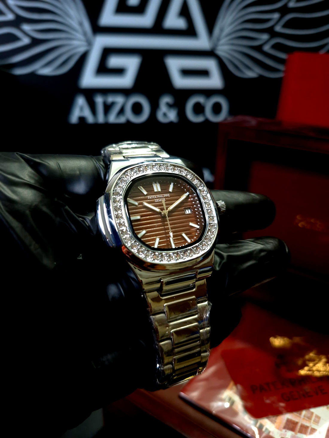 PP Nautilus- Stainless Steel Stone Bezel Brown dial