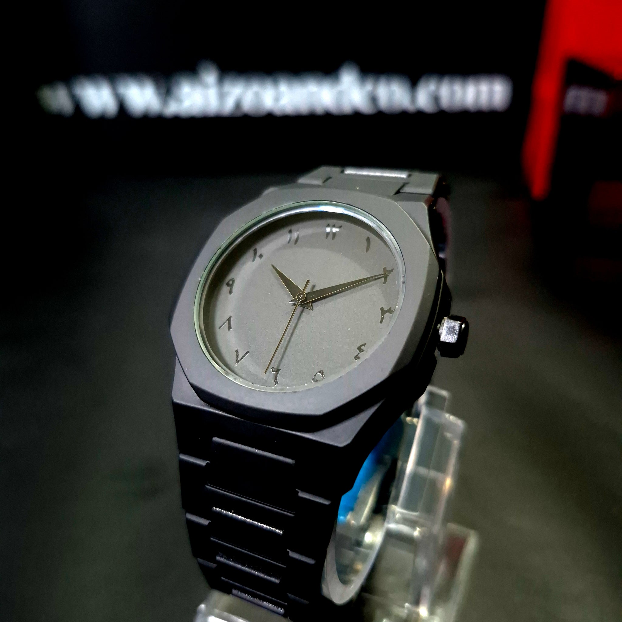 Arabic Aura Watch – Matte Black with Fiber Chain Strap